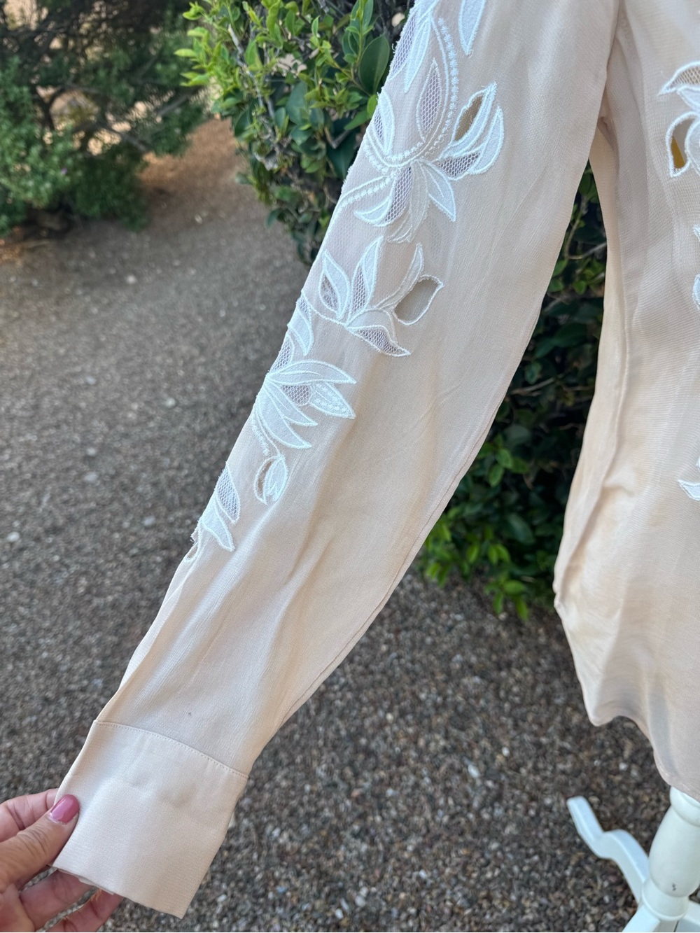 Reiss Sheer Embroidered Floral Button-Up Blouse in Beige - Picture 10 of 15